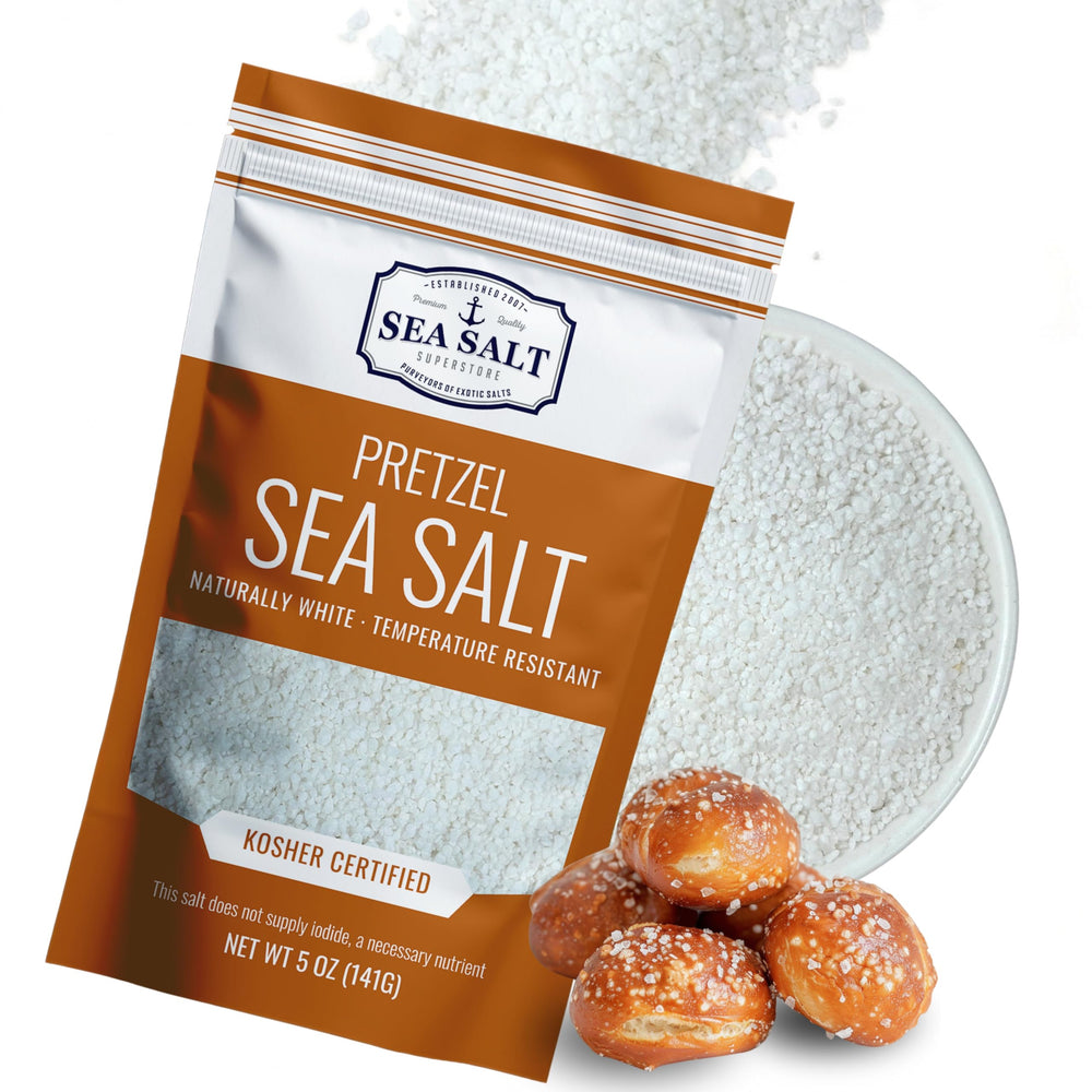 Sea Salt Superstore pretzel salt 5oz bag, ideal topping for soft pretzels.
