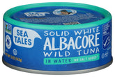Sea Tales Albacore Tuna in Water No Salt Added, front view, light flaky texture ideal for salads.