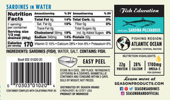 SEASON sardines nutrition label close-up highlights omega-3s and calcium.