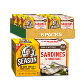 Season Sardines in Tomato Sauce can opened on wood, showcasing omega-3 richness.