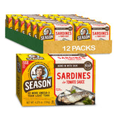 Season Sardines in Tomato Sauce front can displaying label and omega-3 rich protein.
