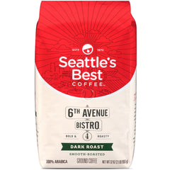 Seattle's Best Coffee 6th Avenue Bistro Level 4 roast packaging showcases rich aroma for bold mornings.