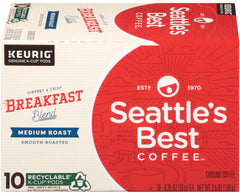 Seattle's Best Breakfast Blend K-Cup pods in front of box for convenient morning brewing.