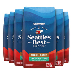 Seattle's Best Coffee Decaf Portside bag on display, rich aroma without caffeine for anytime brewing.