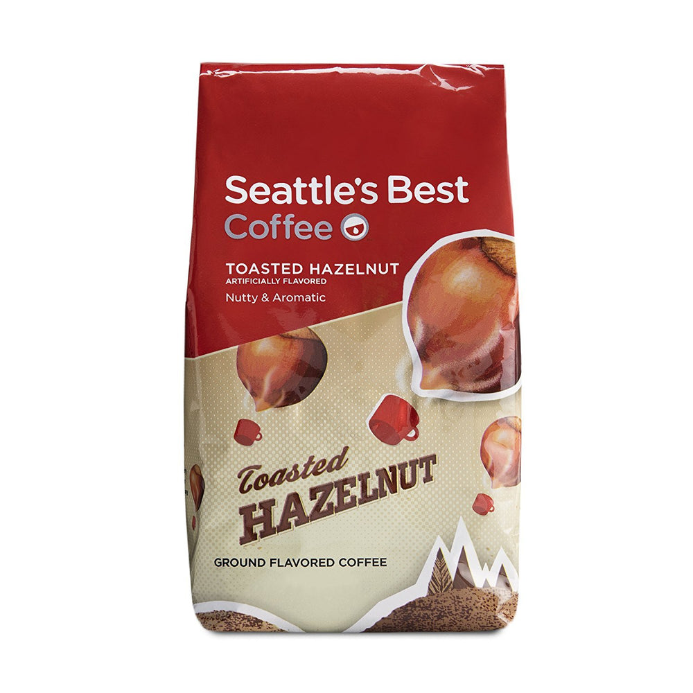 Seattle's Best Coffee Toasted Hazelnut ground coffee bag front view, rich aroma.