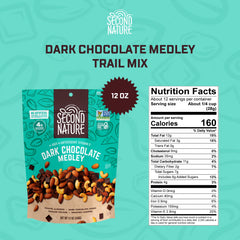 Second Nature trail mix close-up shows premium nuts and dark chocolate.