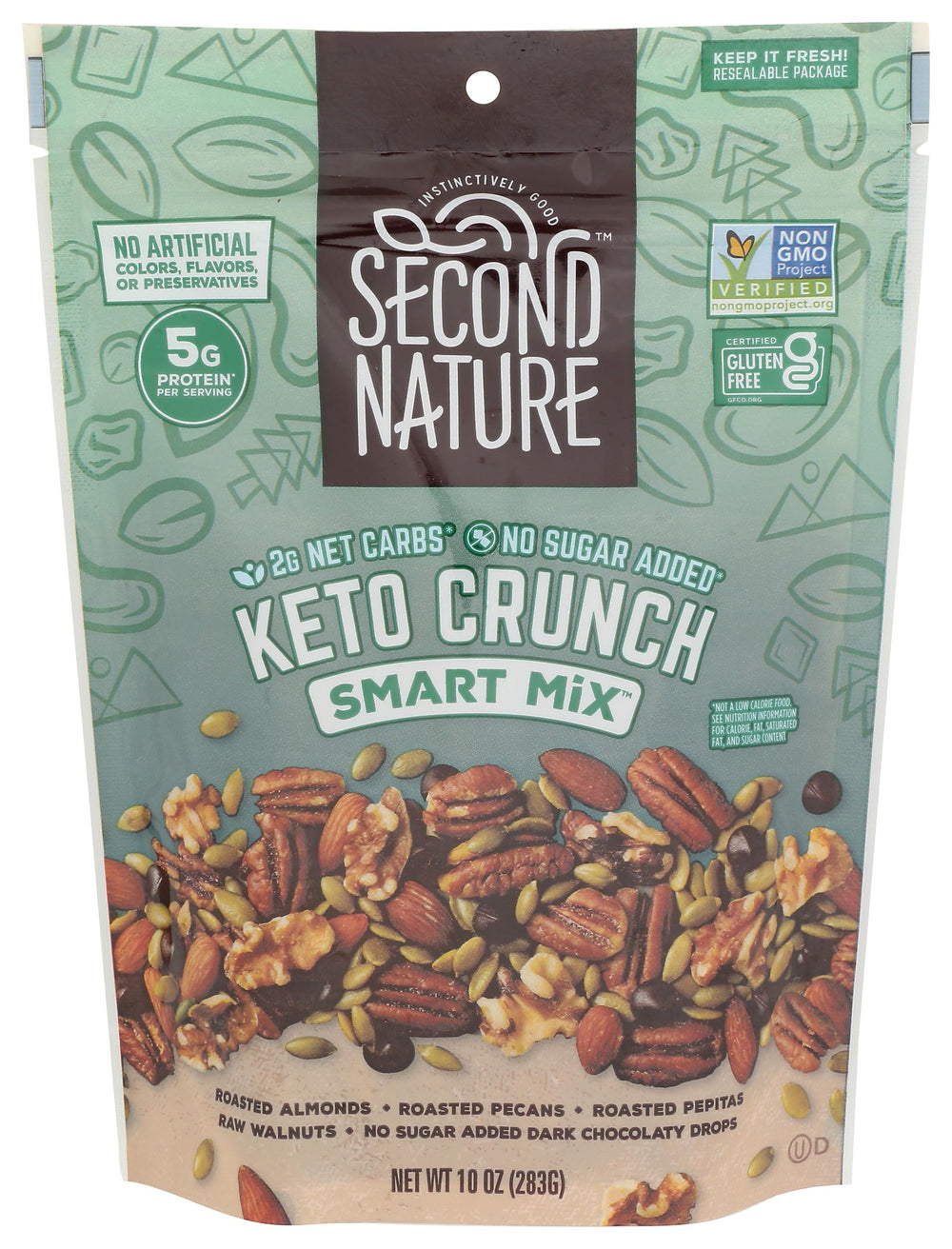 Second Nature Keto Crunch snack mix pouch—resealable for on-the-go snacking.
