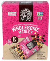 Second Nature Wholesome Medley Trail Mix close-up shows nuts and fruit for on-the-go snacking.
