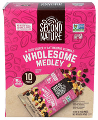 Second Nature Wholesome Medley Trail Mix close-up shows nuts and fruit for on-the-go snacking.