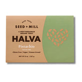 Seed + Mill pistachio halva close-up shows creamy sesame texture, ideal for quick snacking.