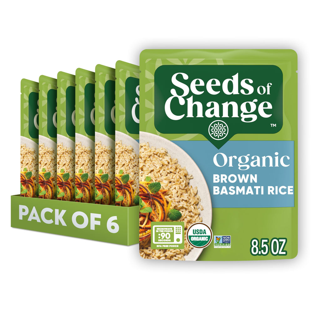 SEEDS OF CHANGE Brown Basmati Rice pack front showing six-pack pouches for easy meal prep.