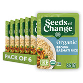 SEEDS OF CHANGE Brown Basmati Rice pack front showing six-pack pouches for easy meal prep.
