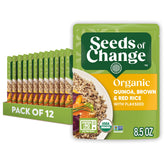 SEEDS OF CHANGE pack shot showing Organic Quinoa, Brown & Red Rice with Flaxseed for quick meals