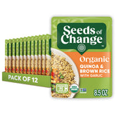 SEEDS OF CHANGE quinoa-brown-rice with garlic packfront; convenient organic side option.