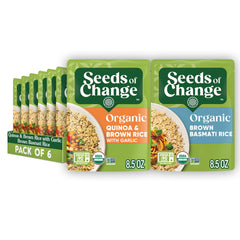SEEDS OF CHANGE quinoa and brown rice with garlic pouch, ideal for a quick, flavorful side.