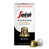 Segafredo Sinfonia espresso capsules pack with aluminum pods for premium at-home brewing.