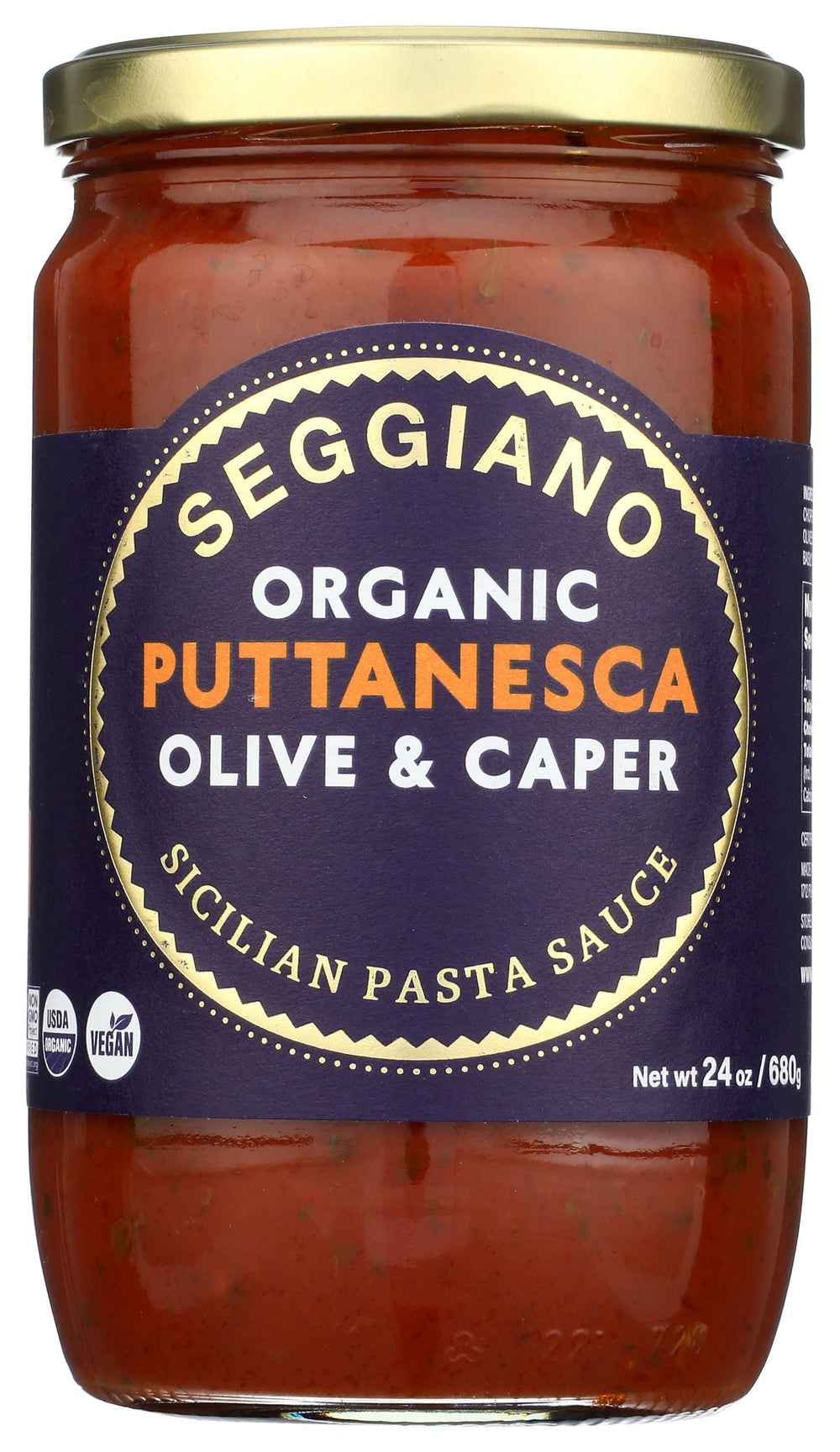 Seggiano organic puttanesca pasta sauce jar on the counter, ready for a quick dinner.