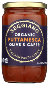 Seggiano organic puttanesca pasta sauce jar on the counter, ready for a quick dinner.