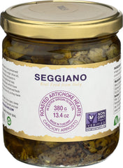 Seggiano roasted artichoke hearts in jar, vibrant color ready for antipasto.