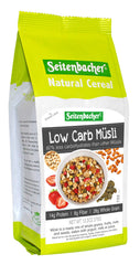Seitenbacher low carb strawberry chocolate muesli packaging showing natural ingredients