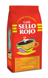 Sello Rojo Tradicional Medium Roast Ground Coffee 16oz bag with rich aroma and smooth flavor.