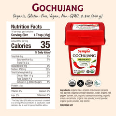 Sempio Gochujang label closeup highlighting organic, gluten-free ingredients and traditional fermentation.