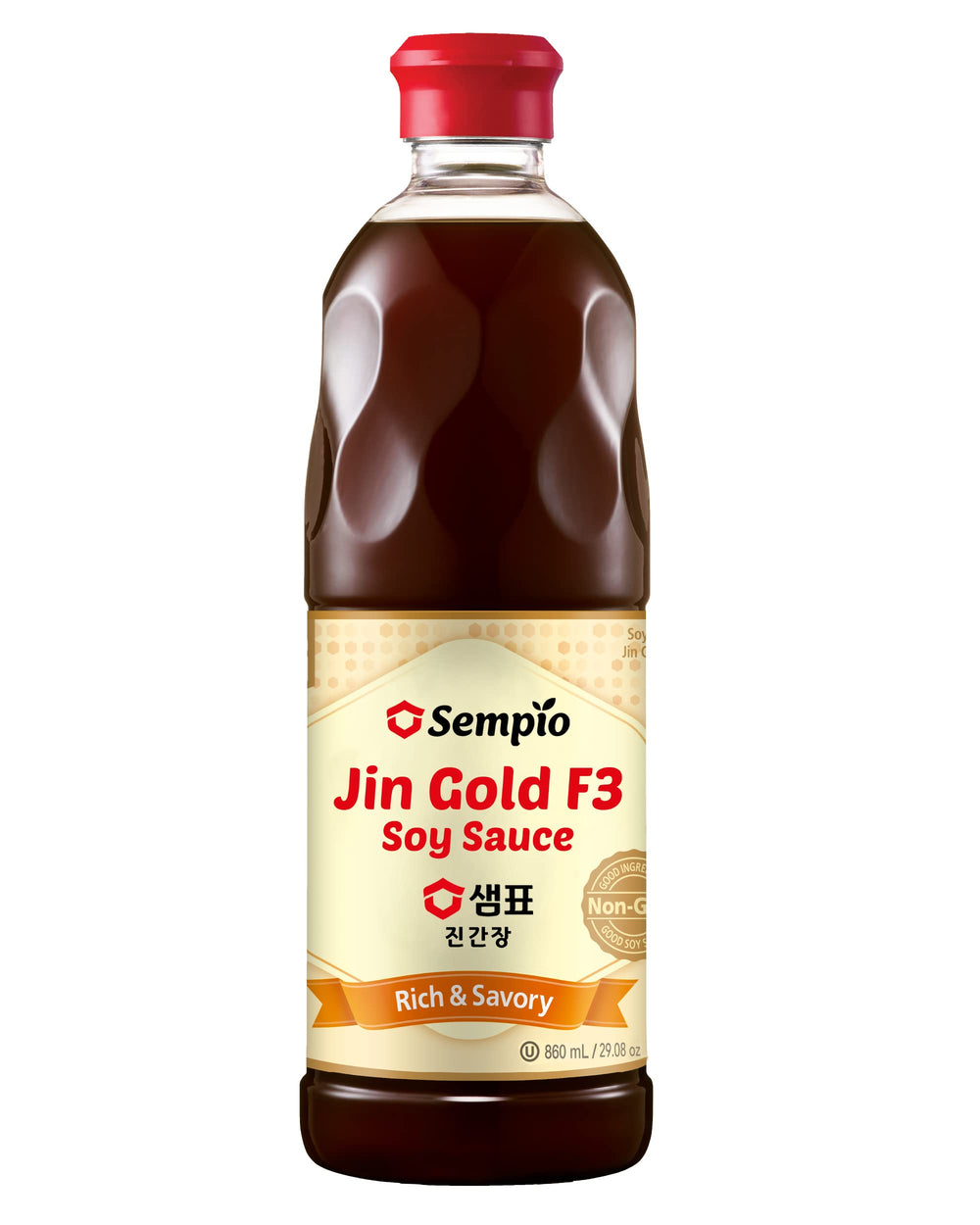 Sempio Jin Gold F3 bottle ready to glaze Korean stir-fries with rich color.