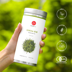 Senbird Premium Sencha deep-steamed leaves releasing rich aroma.