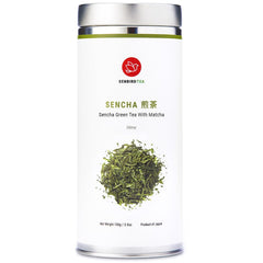 Senbird Premium Sencha with Matcha tea tin gleaming with vibrant green color, preserving freshness.