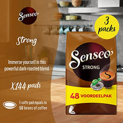 Three 48-pod packs labeled Senseo Strong Dark Roast in a compact set.