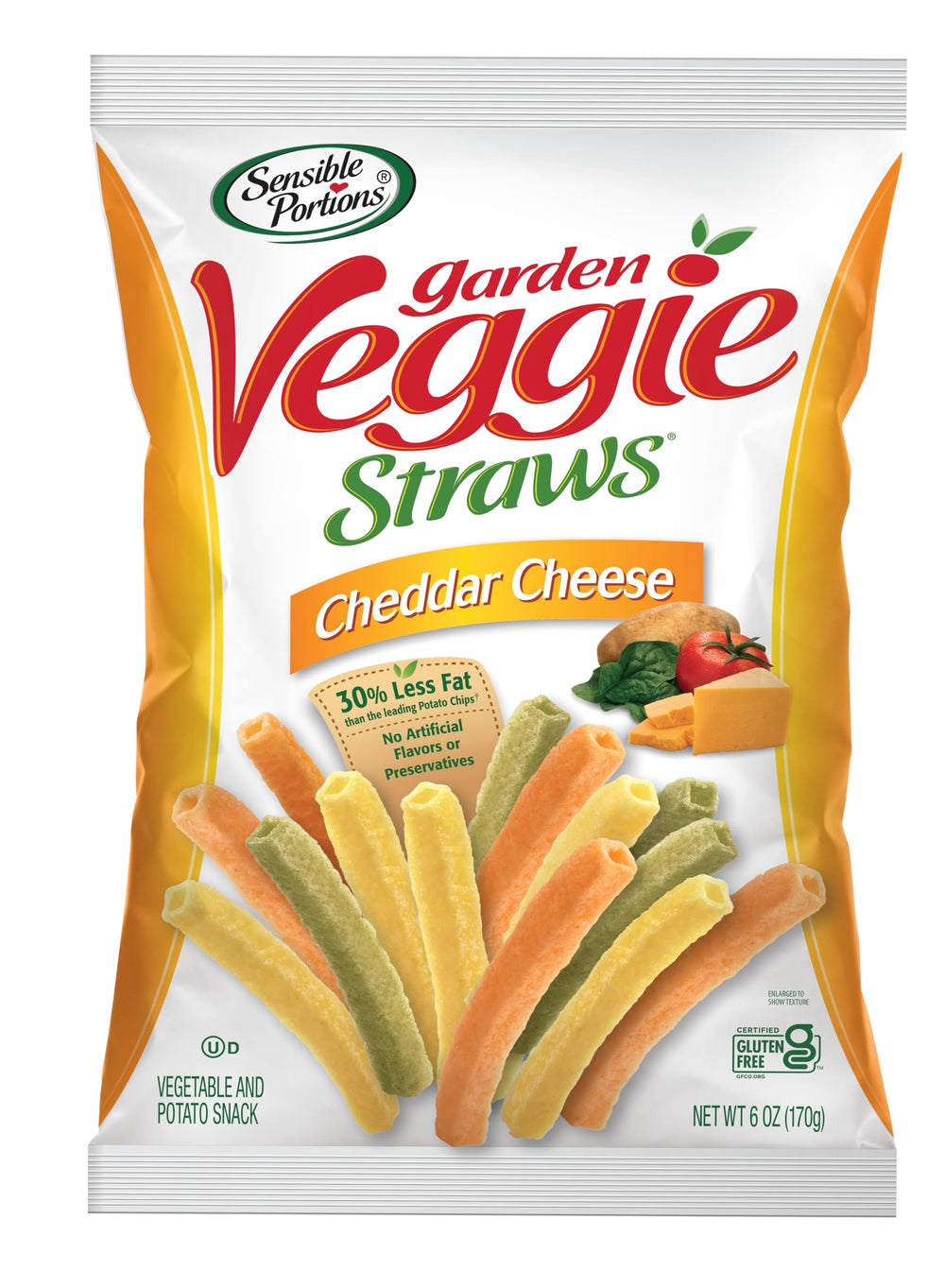 Sensible Portions Garden Veggie Cheddar Straws in a 6oz bag, crispy and flavorful.