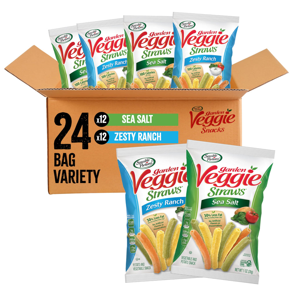 Sensible Portions Garden Veggie Straws Sea Salt bag – airy crunch with 30% less fat than chips.