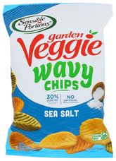 Sensible Portions Garden Veggie Wavy Chips sea-salt bag close-up showing crispy waves, great for dipping.