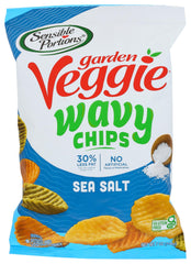 Sensible Portions Garden Veggie Wavy Chips sea-salt bag close-up showing crispy waves, great for dipping.