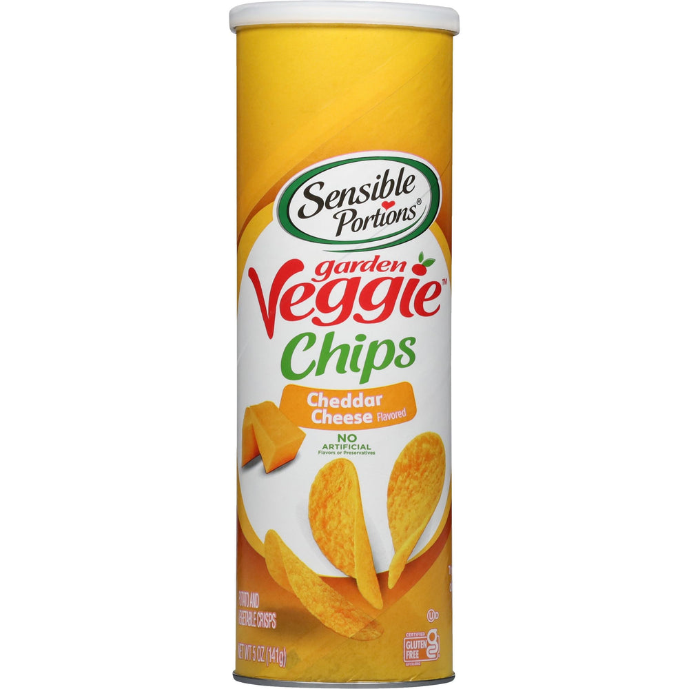 Sensible Portions Garden Veggie Chips cheddar cheese packaging featuring real veggies.