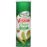 Sensible Portions stacked garden veggie chips in sour cream and onion flavor in a bag, crisp snack.