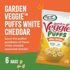 Sensible Portions Veggie Puffs close-up showing crisp texture and cheddar aroma.