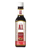 SENTICUM A.1 Thick and Hearty Steak Sauce bottle front elevating grilled steak with bold flavor