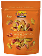 Setton Farms Buffalo Wing pistachios in a resealable bag, ready for snacking.