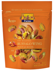 Setton Farms Buffalo Wing pistachios in a resealable bag, ready for snacking.