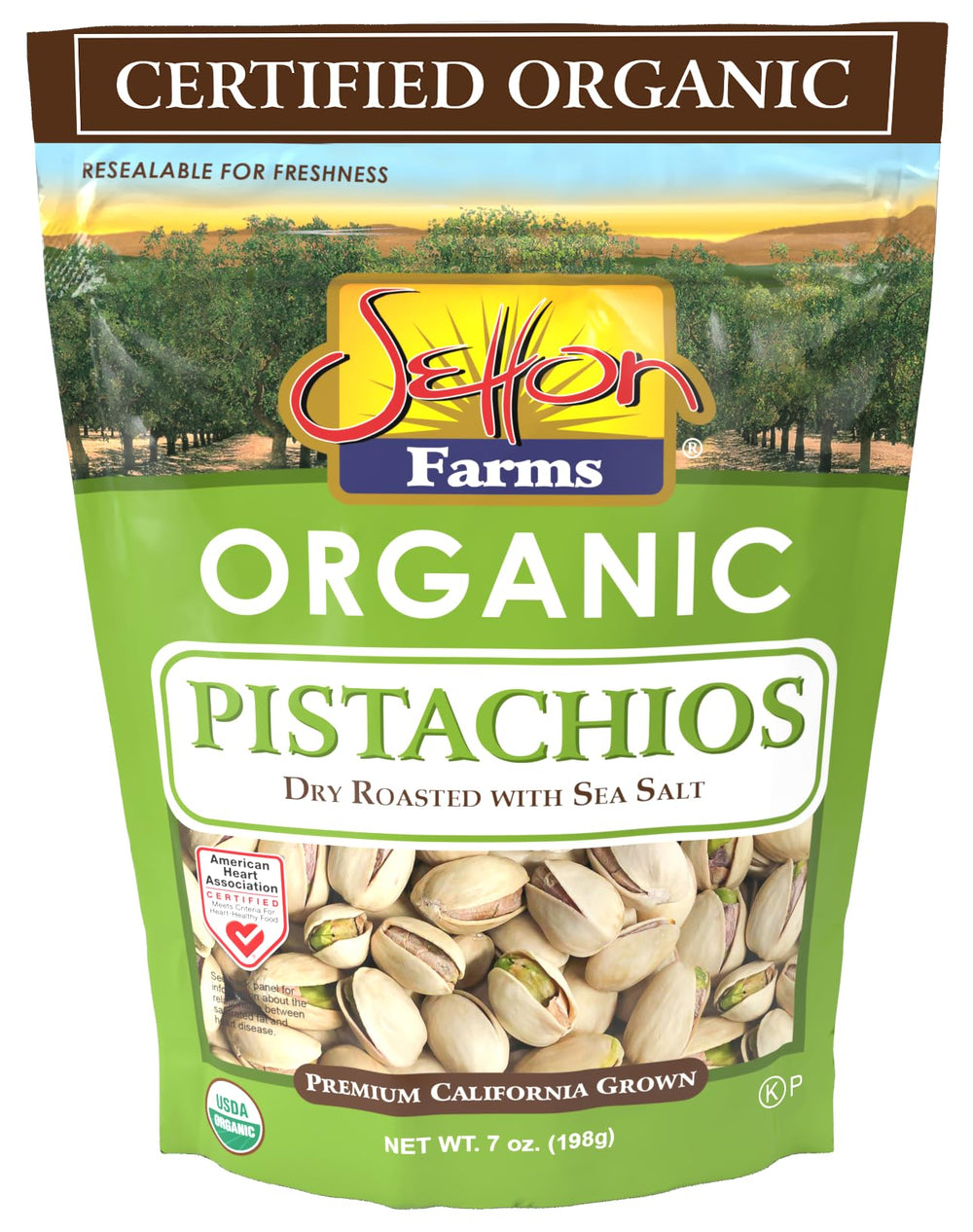 Setton Farms organic pistachios dry roasted close-up with sea salt for premium flavor