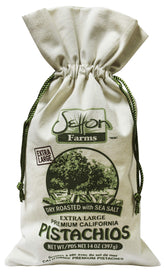 Setton Farms pistachios dry-roasted with sea salt in burlap gift bag, ideal for gifting and snacking.