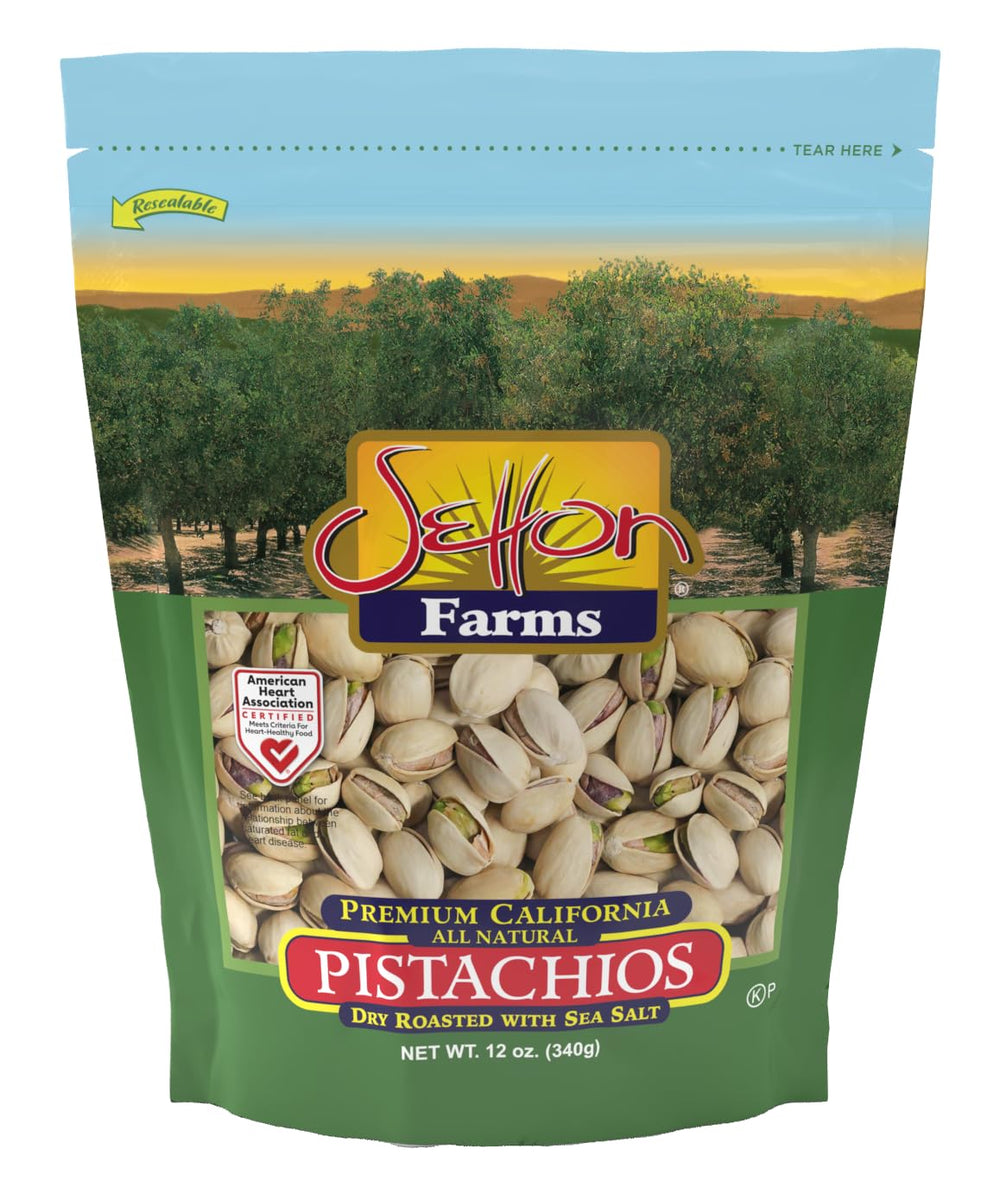 Setton Farms pistachios dry roasted with sea salt in a 12 oz bag, ideal for savory snacking