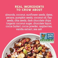 Seven Sundays Day Dream granola close-up showing almonds, coconut, and raspberries; grain-free.