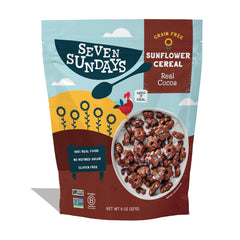 Seven Sundays Real Cocoa Sunflower Cereal bag highlights gluten-free vegan ingredients for a clean breakfast.