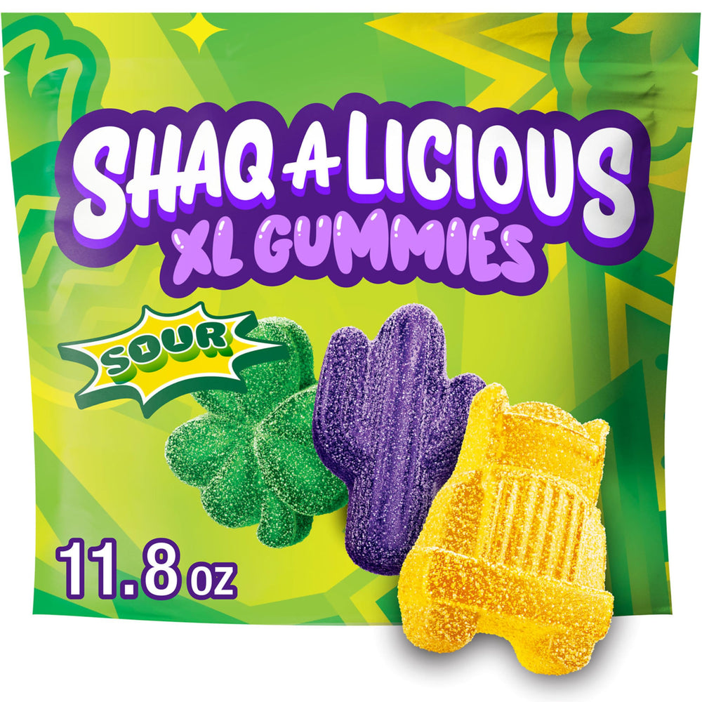SHAQ-A-LICIOUS XL Gummies bag shows sour chewy candy for movie nights