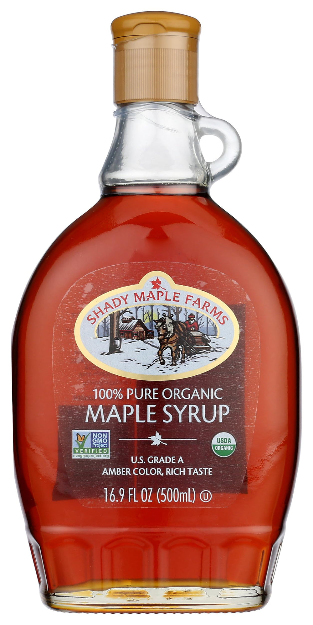 Shady Maple Farm maple syrup bottle pour highlights smooth texture ideal for breakfast pancakes.