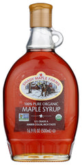 Shady Maple Farm maple syrup bottle pour highlights smooth texture ideal for breakfast pancakes.