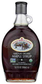 Shady Maple Farm organic very dark syrup in bottle boosts breakfast flavor with bold sweetness