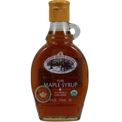 Shady Maple Farms amber maple syrup bottle for pancakes and desserts